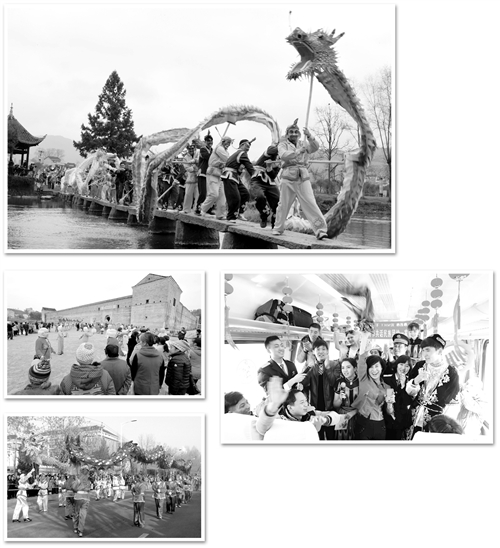 左上图 2月22日，贵州省锦屏县隆里古城的居民舞起“花脸龙”，欢度元宵佳节。经济日报记者 吴秉泽摄
