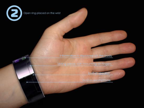 乍一看它仅仅是一个充满未来感的时尚腕表，但其实这是一款融合了高科技的概念手机，圆环式的手镯内部容纳了可伸缩可弯折的透明手机屏幕。对每个人来说 ，Rollerphone都拥有完美贴合自己的人体工程学设计，它为每一位使用者实行测量定制，这意味着手机屏幕全部伸展出来时，屏幕的顶端会刚好与你的指尖接触。