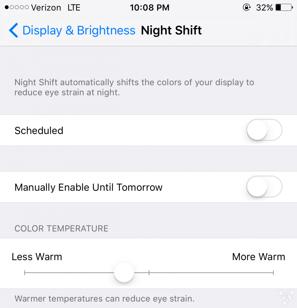 Night Shift 是苹果在 iOS 9.3 中增加的主要功能之一，在 iOS 9.3 beta 5 中，昨天本港台直播们曾报道了控制中心的 Night Shift 开关又作出了一些改动，它不再弹出对话框让用户选择“Turn On For Now”或者是“Turn On Until Tomorrow”。该按键的功能现在非常简单，只需要到达用户所设定的特定时间、或日出日落。