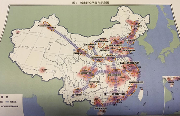 按城市群空间分布示意图所述，上述18个城市群中，东北地区城市群又分为哈长城市群和辽中南城市群。换句话说，如果算上辽中南城市群，这次《草案》提及的城市群数量将达到19个。