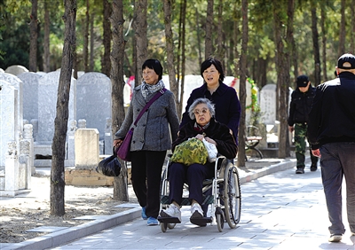 昨日，八宝山人民公墓，坐着轮椅前来扫墓的市民。