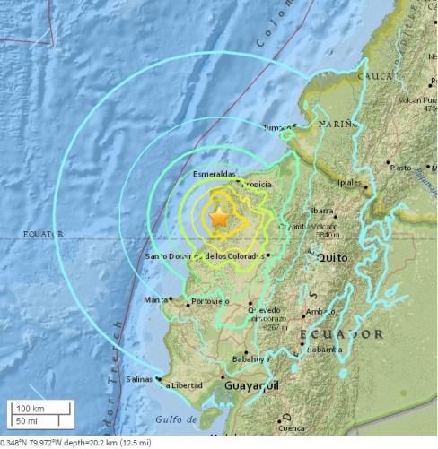图为当地时间4月16日发生的厄瓜多尔地震。来源：美国地质勘探局网页