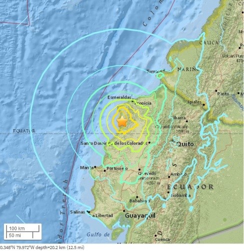 图为当地时间4月16日发生的厄瓜多尔地震。来源 美国地质勘探局网页