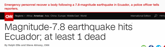 环球网报道 记者 查希据美国有线电视新闻网4月17日消息，北京时间17日7时58分，厄瓜多尔佩德纳莱斯地区发生7.5级地震。