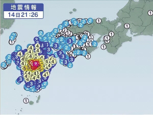 震央虽位于熊本县，但九州各处都感到不同程度的震动。上图以数字显示震幅的强度（1为最弱）。