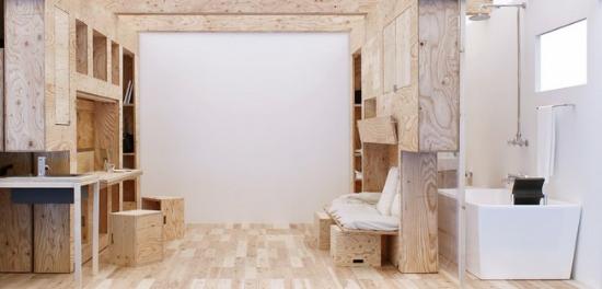 条形码房间（Barcode Room）是日本建筑公司Studio_01一个屡获殊荣的概念。正如条形码由一系列竖线组成，条形码房间内，也有一竖竖的收纳架，但每一个收纳架都是一个功能空间，比如可以完全隐藏收纳起来的沙发和床、翻转桌椅等等；而且它们都可以轻松灵活的移动，因此你可以通过移动收纳架，将这个小小的生活空间在餐厅、客厅、卧室、工作室等之间自由转换。既实用又充满了乐趣，可谓是小型生活空间的完美解决方案。