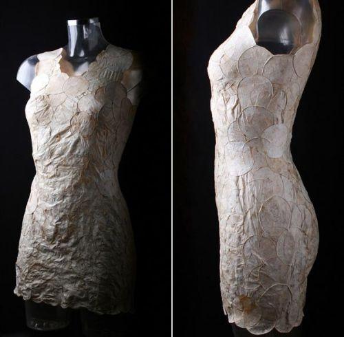据英国《每日邮报》4月27日报道，荷兰女设计师阿涅拉(Aniela Hoitink)经过一年半的研究，终于研制出一种可降解的生物材料。近日，她成功在短短一周内用这种材料做出了一条连衣裙，开辟了全新的时尚潮流。