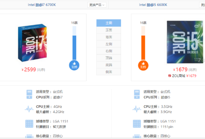 前者(i7-6700K)据说会采用四核心八线程(Hyper-Threading)，基础频率4.0GHz(可睿频至4.2GHz)，配备8MB三级缓存和DDR3/DDR4内存控制器、TDP 95W、集成HD Graphics 5000系列核芯显卡、并且采用LGA1151接口。