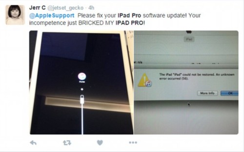 刚更新的iOS 9.3.2主要修复了一些漏洞，提升了iPhone和iPad产品的安全性。不料部分用户的iPad Pro在更新中出现“Error 56”错误，此后相继有人抱怨称设备“变砖”，根据系统提示要求连接电脑用iTunes进行恢复，但依然无法重启。除iPad Pro外，其开奖直播设备并未出现同样的问题。