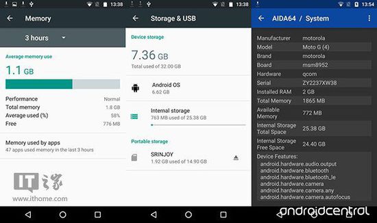 根据上方外媒图片显示，这款Moto G4 Plus实际总内存为2GB，总存储为32GB，不符合以上两个版本中的任何一个，可能是手机制造时出现错误，目前联想还未回应。