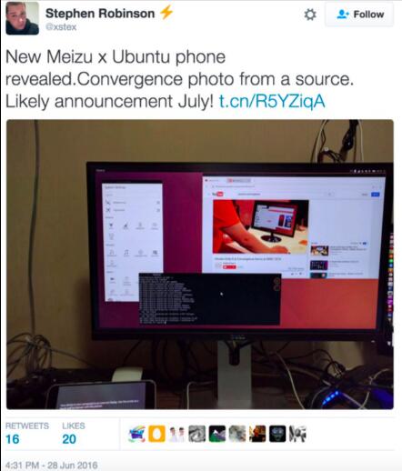 昨天下午，Twitter上有网友爆出了一张疑似魅族Ubuntu系统新品的图片，图片左下方有该款新品的真机图，可惜只能看到局部，但眼尖的网友可以看到，这款产品拥有2.5D屏幕，也有网友认为，这将是魅族的中端旗舰新机，MX6。该爆料网友还表示，很可能在七月公布。