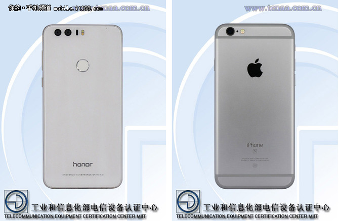 与现在当红的iPhone6s进行对比，（文中对比图均为左：荣耀8，右：iPhone 6s）在机身正面方面，这两款机型均采用了2.5D玻璃，看起来圆润剔透。而iPhone的屏占比一直被各国产厂商在众多发布会上秒杀，高颜值荣耀8在屏占比方面自然也占据了优势，两侧的边框以及额头和下巴更窄，整体看起来更加精致。