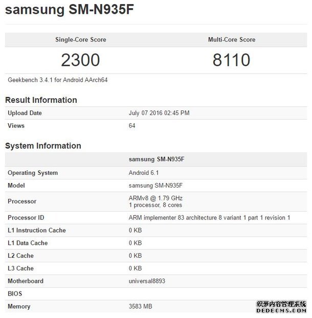 疑三星Note7 Edge曝光 搭载Exynos 8893 