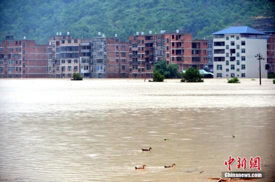 7月9日13时45分，今年第1号台风“尼伯特”在福建石狮沿海登陆。受台风影响，强降雨侵袭福建省闽侯县鸿尾乡，导致该乡穆源溪山洪暴发，冲毁堤坝，下游多个村庄被淹。图为航拍山洪灾害。 中新社记者 王东明 摄