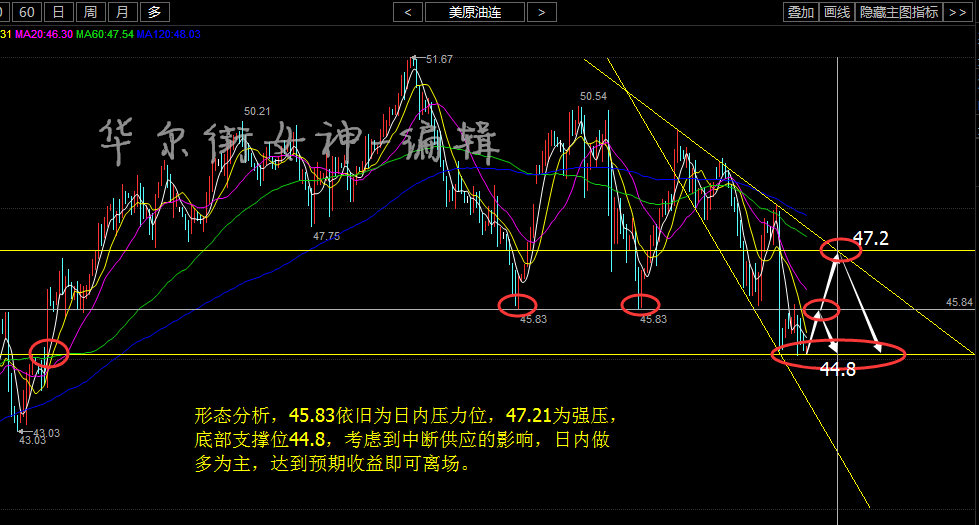 美油操作建议：44.8-45美元做多，损44.5，目标45.83-46美元；46.2-46.5美元做空，损47，目标45美元。