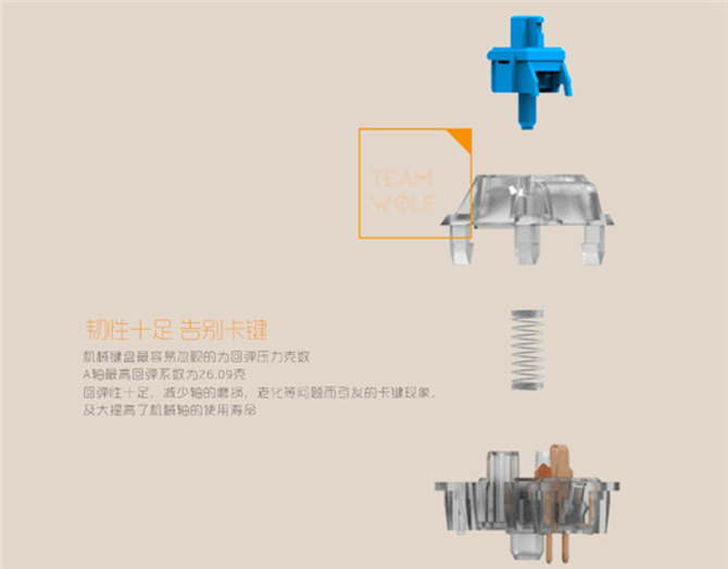 尽管机械键盘近年来已经占据了巨大的市场份额，但相比传统的薄膜键盘，在防尘性能上却是远不如。而进灰会导致双击、触片氧化、接触不良等问题，而狼派则通过巧妙的设计，将A轴的轴心设计为圆形开口，因为轴心与键帽之间的间隙非常小，达到了半封闭的状态，减少灰尘的吸入，具有更好的防尘性能。