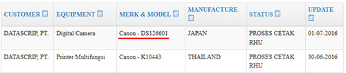 图：佳能在海外注册的新机：机型号为Canon DS126601，生产地日本，日期7月1日。