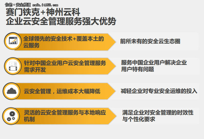 本次合作可谓是中外厂商合作的新模式，赛门铁克将最重要的信息安全产品通过云科云平台，为客户提供安全保护服务，并根据客户实际需求提供增值的定制化开发服务，促进中国本地企业在云服务领域的应用，并为中国客户提供更加出色且更具多样性的云安全服务。