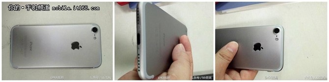 图片中的iPhone7明显更加轻薄，在机身正面外形设计相比iPhone 6s并没有什么改变，包括以及Home键，前置镜头和传感器的位置都基本上延续了过去的模样;同时从底部可以看出iPhone7确实取消了3.5mm耳机孔，另外机身背面的摄像头依旧突出，并且摄像头开孔更大;另外，机身顶部与底部采用了弧形天线的设计。