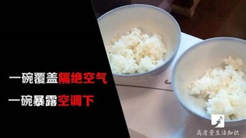 近日，有人做了一组实验。内容很简单，就是将两碗米饭放在空调下吹，其中一碗盖着，另一碗敞开裸露。