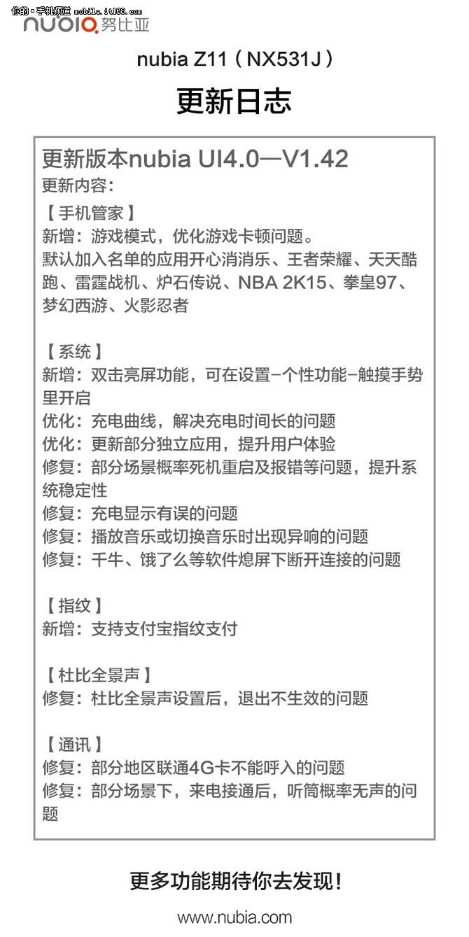 经过此次更新之后，努比亚Z11已经全面支持微信和支付宝的指纹支付功能，这对于用户体验来说起到了积极作用。此外，新增的游戏模式可谓完全释放了高通骁龙820处理器这匹性能野马。对于喜欢玩游戏的发烧友来说是个好消息，但也有可能随之带来手机温度提升以及耗电增加的问题。