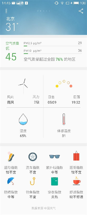 另外，在刚刚更新的Flyme 5.1.8.0稳定版中，Flyme天气的分享功能又升级了——原有的天气分享功能只可以跟对方分享当地的天气情况，现在还新增了「分享心情卡片」功能，用户除了可以跟父母、爱人、朋友分享自己所处城市的天气情况以外，还可以添加心情。