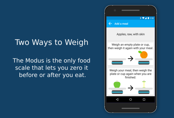 Modus使用很方便，用户需打开手机App，在列表中选择今天吃了的食物，如果在APP中找不到自己吃的食物，可以手动进行添加。接着，利用Modus的称重功能，就能计算出食物的重量。没有这类智能设备的话，你需要在吃饭前称一次，饭后再一次，如此一来就能够知道摄入了多少食物。