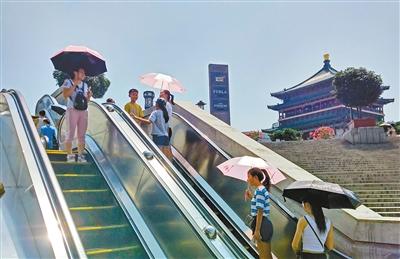 高温下，许多市民打遮阳伞出行。 首席记者张宇明 实习生张敏 摄