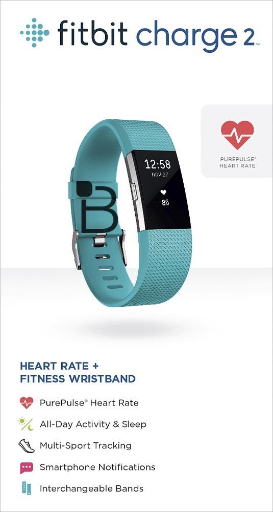 照片显示Fitbit Charge 2 配置了更大的显示屏，具有PurePulse心率监测功能,同时具有可换表带设计。