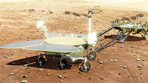 右图 这是火星车与着陆巡视器外观设计构型图。火星车有4个“大翅膀”——太阳能电池板。国防科工局探月与航天工程中心供图 （j2开奖直播发）