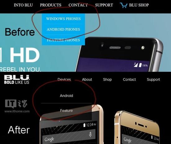 此前曾推出多款WP设备的Blu如今在重新设计的官网页面已经去掉了WP手机模块，<a href=