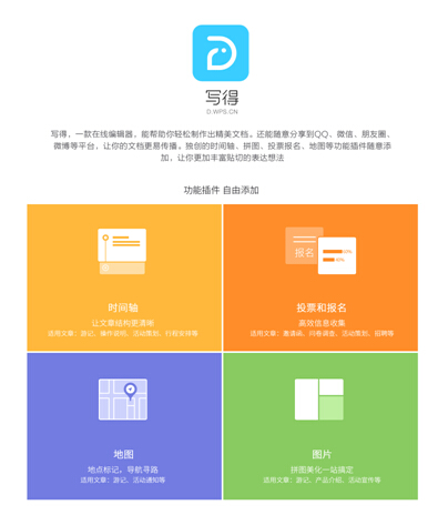 如果把word文档和写得做比较的话，写得更像是一个充满表现力的文艺青年。比起文档这种一成不变的黑白文字，包含图片、视频、音乐、时间轴、地图、投票等多种多样信息模式，并且可以随时分享到移动端的写得，魅力值也就不言而喻了。