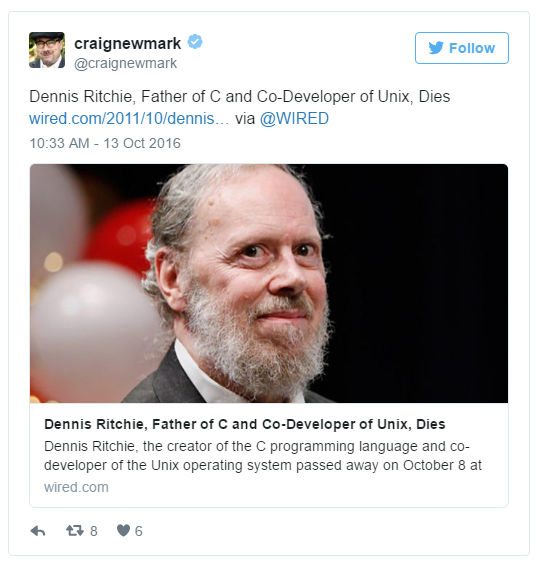 报码:【j2开奖】与乔布斯同年过世的 C 语言/UNIX 之父 Dennis Ritchie，在社交网站上又死了一次