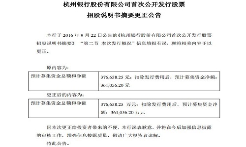 【图】杭州银行招股书摘要闹乌龙 募资额漏写万字