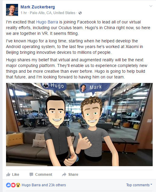 【j2开奖】原小米副总裁Hugo Barra加入Facebook VR团队
