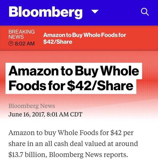 wzatv:阿里投线下零售之际 亚马逊137亿美元收购全食超